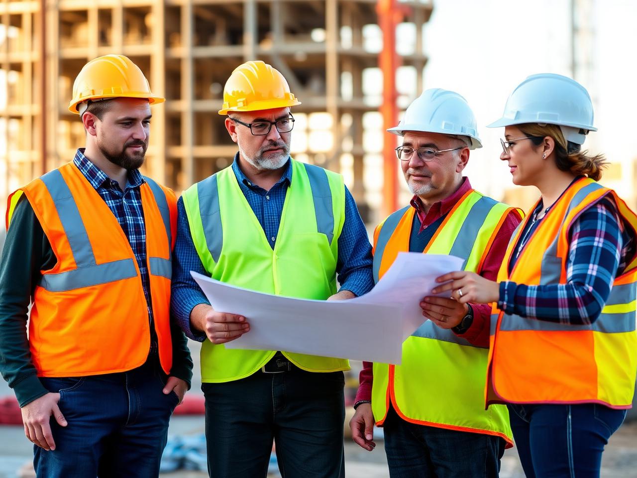 Construction team reviewing blueprints on site