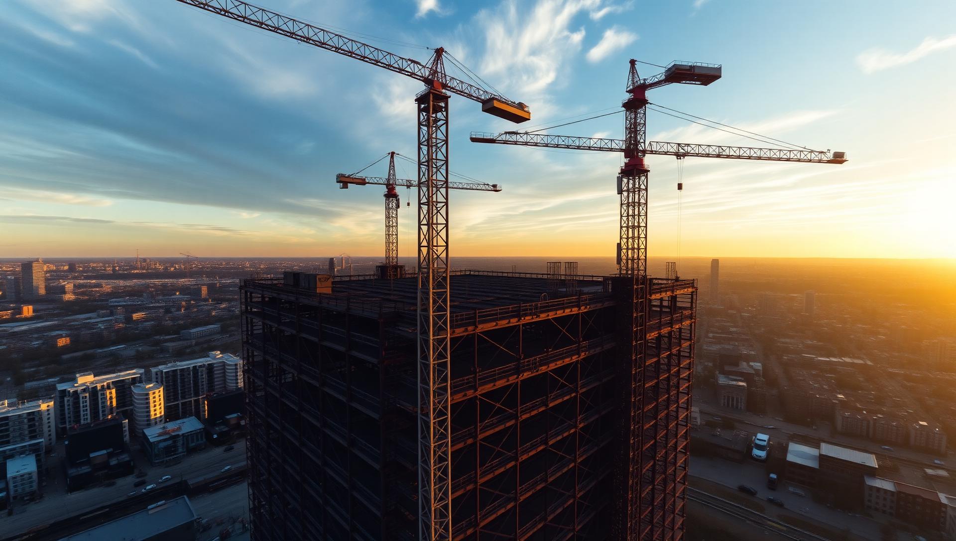 High-rise construction site at golden hour with tower cranes